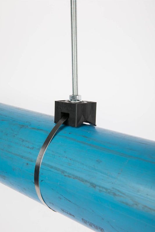 Uniclamp V-BAT hanger installed on a stainless run, non-corrosive GRP support for marine cable