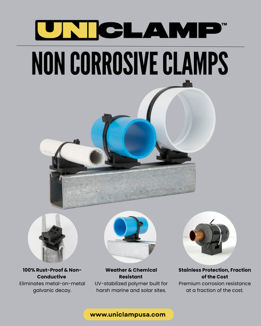 Non-corrosive UniClamp pipe support for plumbing and mechanical systems